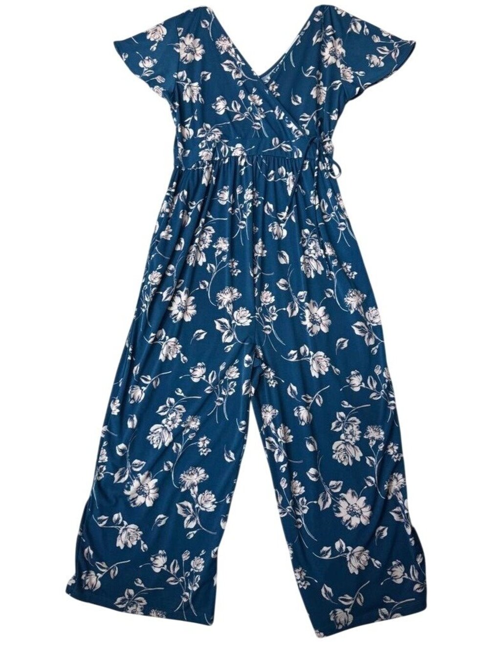 Kaileigh Womens Floral Faux Wrap Jumpsuit Medium Dark Teal Stretchy Elegant Fit
